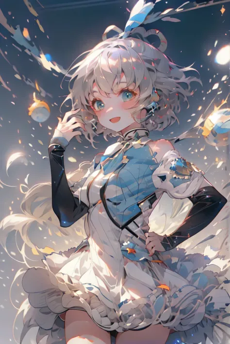 1girl, cowboy shot, on stage, idol, (battle preparation:1.2), luotianyi (koushiki), grey hair, open your mouth, (night:1.2), (short hair), twintails, mini dress, mini skirt, smiling, singing, highest quality, masterpiece, High resolution, absurdres, uhd