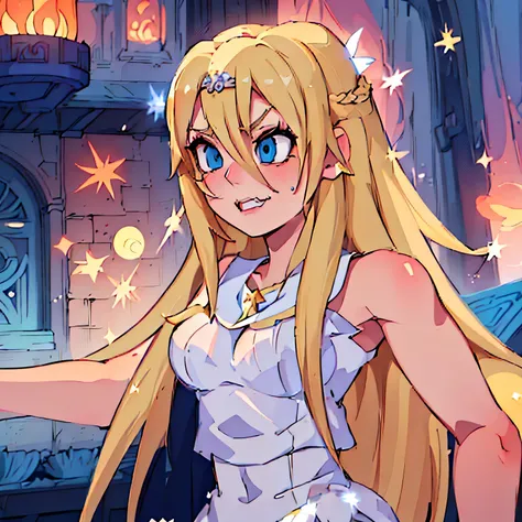 blond haired girl with blue eyes and a white top, natalie from epic battle fantasy, blonde - haired princess, (((mad))) elf princess, anime princess, anime girl named lucy, my dress up darling anime, blonde anime girl with long hair, the goddess artemis sm...