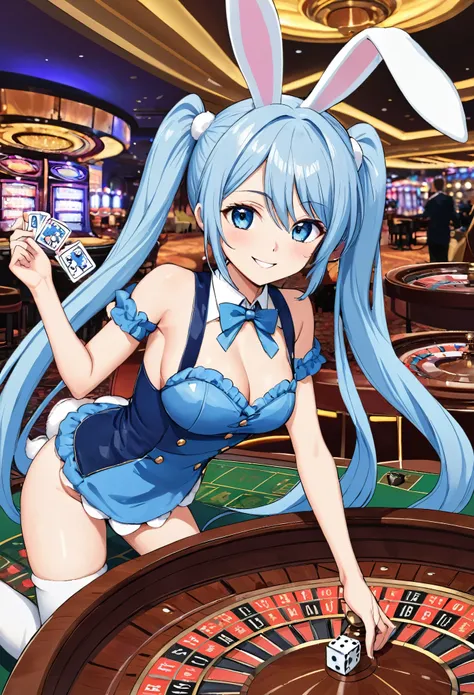 casino、Dice、ルーレットに大きなDiceを投げる、Roulette Dealer、Light blue long hair、Beautiful girl with twin tails、Bunny Girl Costume、Bright smile、