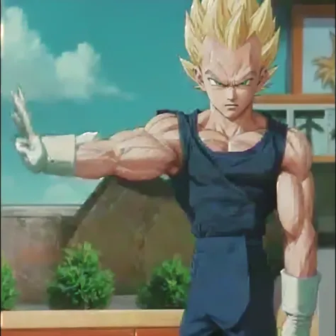 a close up of a person in a blue shirt and shorts, with vegeta head hair, vegeta, prince vegeta, super saiyan, going super saiyan, gogeta, super sayan, most strongest pose, wild spiky golden saiyan hair, character dragonball, akira toriyama style, dragon b...