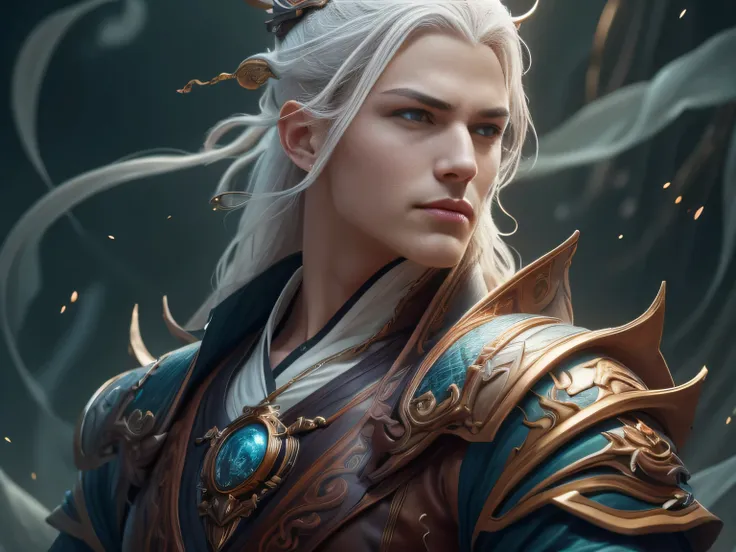 (Best Quality, 8K, Masterpiece, HDR, Soft Lighting, Picture Perfect, Realistic, Vivid), Male Humanoid Dragon (1.0), 1 Guy, Perfect Face, Super Detailed Photo of a Gorgeous Humanoid Dragon Man with Long White Hair, Side by Side lies a white dragon, Beautifu...