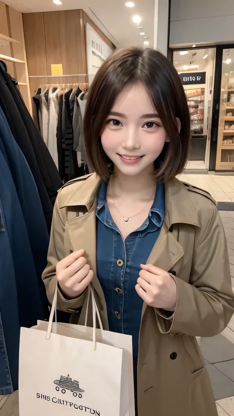 closeup shot , Best picture quality (8K, high resolution, Masterpiece: 1.2), super detailed,  215 Short Hair, 16-year-old woman, 

situation: A scene of people enjoying shopping on a city street corner。
clothing: Black trench coat and denim pants、sneakers。...