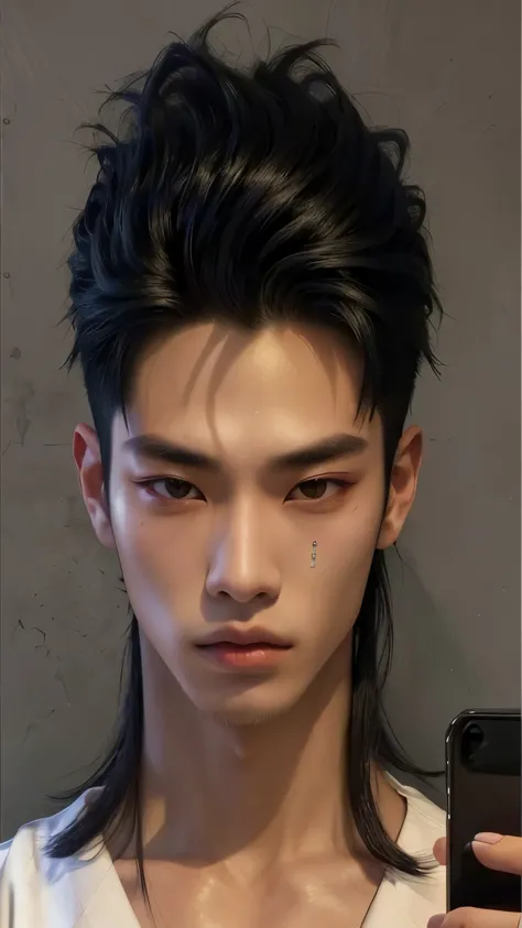 Arafed woman with a nose piercing and a phone., handsome japanese demon boy, an epic non-binary model, Yanjun Chengt, androgynous face, jinyoung shin, 1 7-year-old boy with a thin face, steven jung, asian face, Asian man, model face, Ruan Jian, kim taejin,...