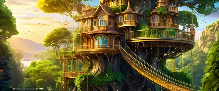 (whimsical treehouse,multiple floors,balconies,large tree,vibrant greenery,magical effect,fantasy,detailed environment,intricate architecture,lush foliage,warm lighting,enchanting atmosphere,highly detailed,cinematic,photorealistic,masterpiece:1.2,ultra-de...