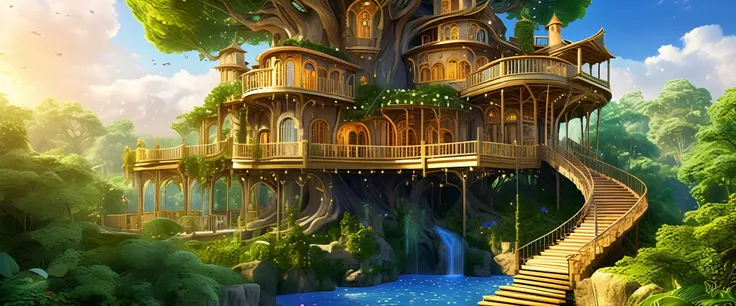 (whimsical treehouse,multiple floors,balconies,large tree,vibrant greenery,magical effect,fantasy,detailed environment,intricate architecture,lush foliage,warm lighting,enchanting atmosphere,highly detailed,cinematic,photorealistic,masterpiece:1.2,ultra-de...