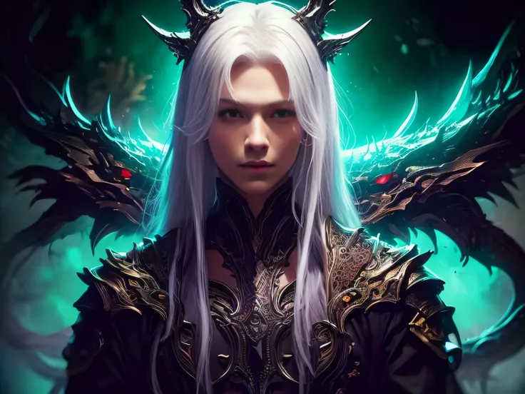 (Best Quality, 8K, Masterpiece, HDR, Soft Lighting, Picture Perfect, Realistic, Vivid), Male Humanoid Dragon (1.0), 1 Guy, Perfect Face, Super Detailed Photo of a Gorgeous Humanoid Dragon Man with Long White Hair, Side by Side lies a white dragon, Beautifu...