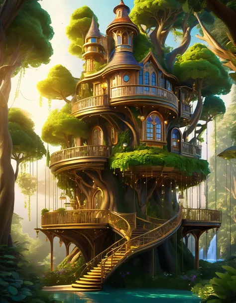 (whimsical treehouse,multiple floors,balconies,large tree,vibrant greenery,magical effect,fantasy,detailed environment,intricate architecture,lush foliage,warm lighting,enchanting atmosphere,highly detailed,cinematic,photorealistic,masterpiece:1.2,ultra-de...