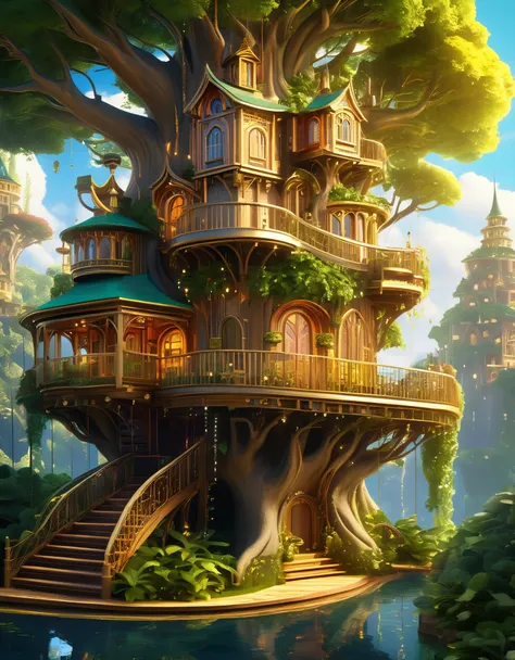 (whimsical treehouse,multiple floors,balconies,large tree,vibrant greenery,magical effect,fantasy,detailed environment,intricate architecture,lush foliage,warm lighting,enchanting atmosphere,highly detailed,cinematic,photorealistic,masterpiece:1.2,ultra-de...