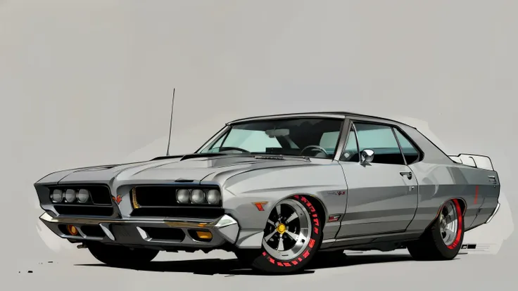 destroyer grey 1967 pontiac gto , pop art, cartoonish style , sketch, detailed illustration, large wheels, slammed to the ground...