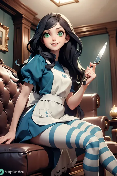 AliceMadness,long black hair, green eyes, blue dress, white apron, striped pantyhose, looking at viewer, smiling, teeth, sitting, on sofa, legs crossed, holding a knife, inside cozy living room, playful ambiance, high quality, masterpiece 