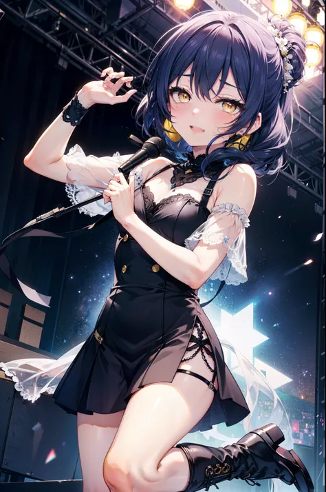 umi sonoda, long hair, blue hair, (yellow eyes:1.5) (flat chest:1.2),happy smile, smile, open your mouth,アイドルsingerがライブstageで熱狂的...