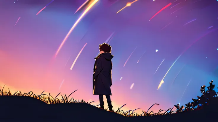 guy 20 years old with short curly hair, of average height, with a thin build, sits on a hill looking at the stars in the night sky. 