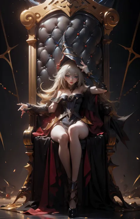 Dark magician gils with black gala dress. She wears red heels, has earrings. Wear necklaces.  Long blonde hair. blue eyes. Red lips. Sensual and subjective pose. She standing next to a golden throne.