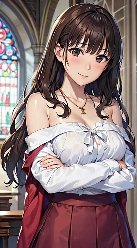 ((Tabletop, Highest quality, High resolution, , Pixel Perfect, 4K,))), 1 female, 、The whole body is visible、 ((Long Wavy Hair, bangs, Brown Hair)), ((Brown eyes, Beautiful eyelashes, Realistic eyes)), ((Detailed face, Blushing:1.2)), ((Smooth texture:0.75,...