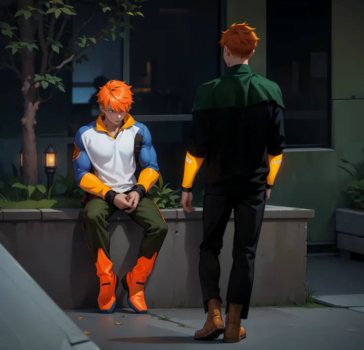 There are two 16 year olds, one sitting with orange hair and the other walking towards him., They both have superhero costumes, they have golden superhero boots, they are slim but athletic. 