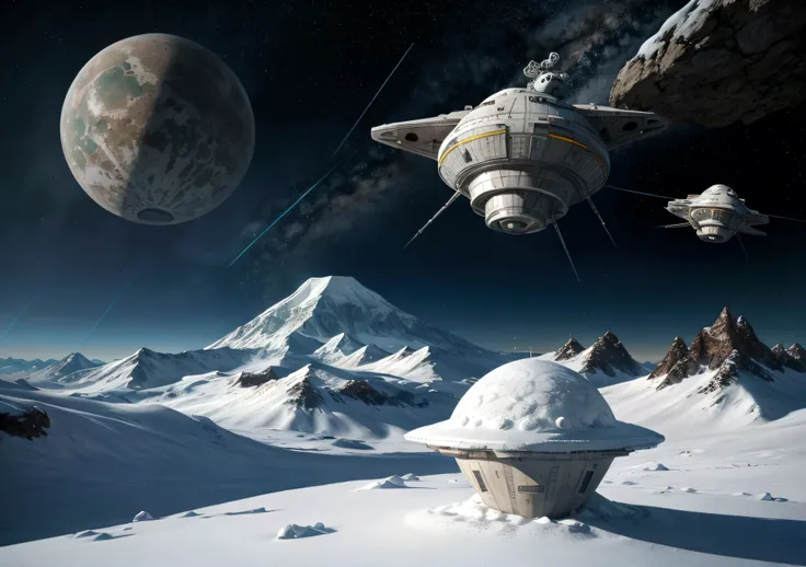 realistic photo on an extraterrestrial planet, natta, mountains with snow, another planet in the background on the horizon and a Star Wars destroyer spaceship in orbit with antennas transmitting electromagnetic waves,