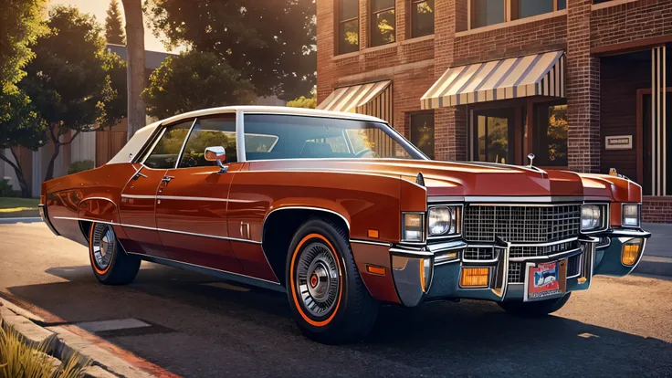 Generate an image of a 1970s red Cadillac with a tan interior driving down a sunny American street. The car should have a sleek, vintage design with chrome details and a large size, capturing the classic vibe of the era. The background should feature some ...