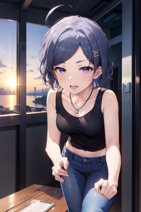 komachihikigaya, komachi hikigaya, short hair, Black Hair, hair ornaments, Ahoge, Hair Clip, x hair ornaments, (Purple eyes:1.1), tooth, happy smile, smile, Open your mouth, black tank top shirt,Locket Necklace,Skinny jeans,Stiletto heels,morning,morning陽,...