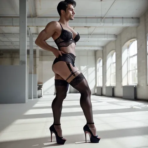 A Muscular masculine hunk  men with very short hair, panties and hot bra, gaff, black nylon stockings with lace top, vintage padded bra, vintage girdle,garter belt, corset, extreme black stiletto high heels pumps with metal heels and closed toes, with make...