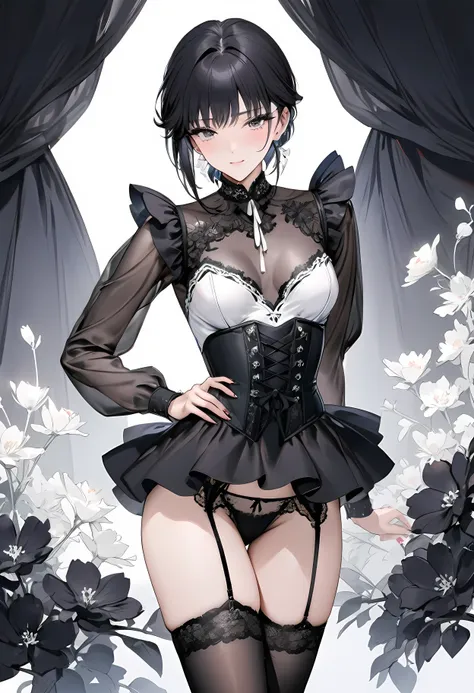 ((Top quality, masterpiece, freak, super resolution)), 1 girl, Japanese model,16 years old,Smooth black hair,The woman wears a bodysuit-style covering (corset dress) from the chest to the hips. The neckline is a deep V-cut with straps and the skirt is deco...