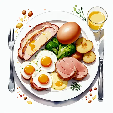 ((best quality)), ((masterpiece)), (detailed), loose water color style, minimalist, create a picture of healthy food on a plate. The food consist of, Eggs, bread, potatoes, glass of milk, meat, chicken meat, some vegetables, against brilliant white backgro...