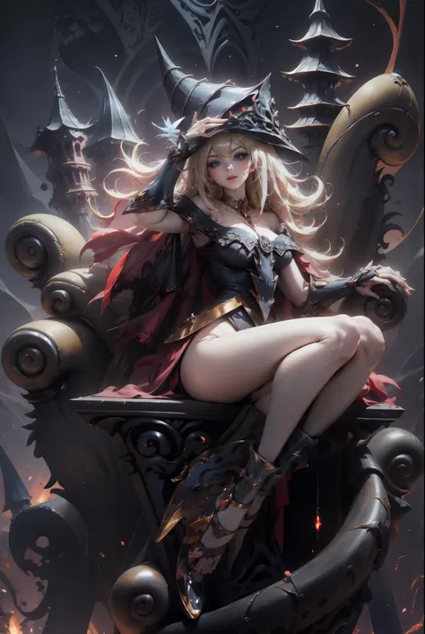 Dark magician gils with black gala dress. She wears red heels, has earrings. Wear necklaces.  Long blonde hair. blue eyes. Red lips. Sensual and subjective pose. Castle Background 