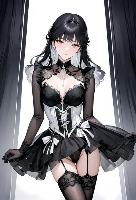 ((Top quality, masterpiece, freak, super resolution)), 1 girl, Japanese model,16 years old,Smooth black hair,The woman wears a bodysuit-style covering (corset dress) from the chest to the hips. The neckline is a deep V-cut with straps and the skirt is deco...