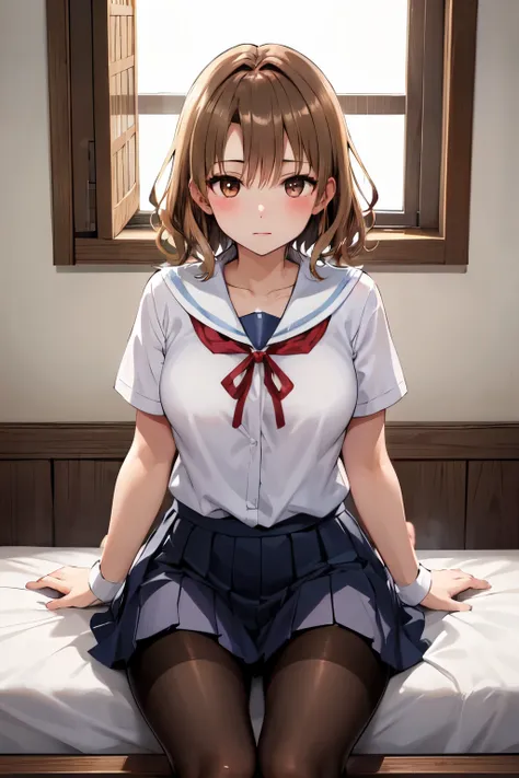 masterpiece, Highest quality, High resolution, One girl, alone, short hair, Brown Hair, Brown eyes, Bedroom、((pantyhose))、(Japanese school uniform)