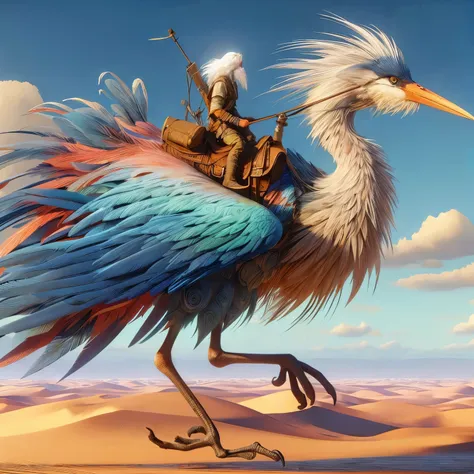 create a main character an large tall two legged bird carrying a man on its back, two leg bird similar to the great blue heron, ...