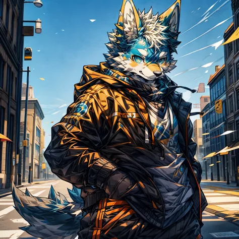 masterpiece,High quality,furry,male,(wolf),(yellow fur),(hoodie),blue eye,In the street,perfect background,Scar on the face,Smile,One person