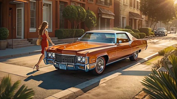 Generate an image of a 1970s red Cadillac with a tan interior driving down a sunny American street. The car should have a sleek, vintage design with chrome details and a large size, capturing the classic vibe of the era. The background features greenery an...