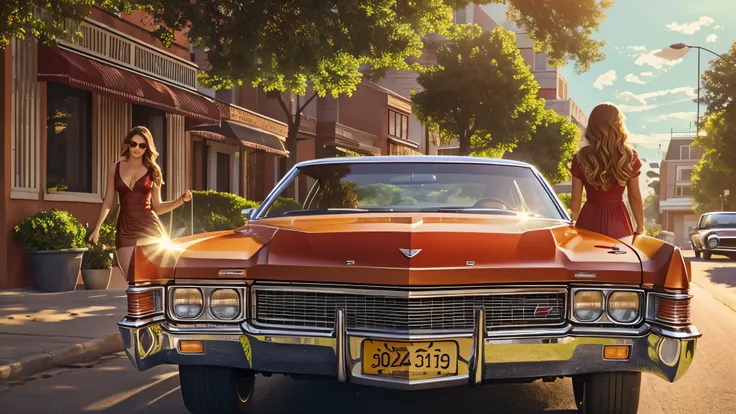 Generate an image of a 1970s red Cadillac with a tan interior driving down a sunny American street. The car should have a sleek, vintage design with chrome details and a large size, capturing the classic vibe of the era. The background features greenery an...