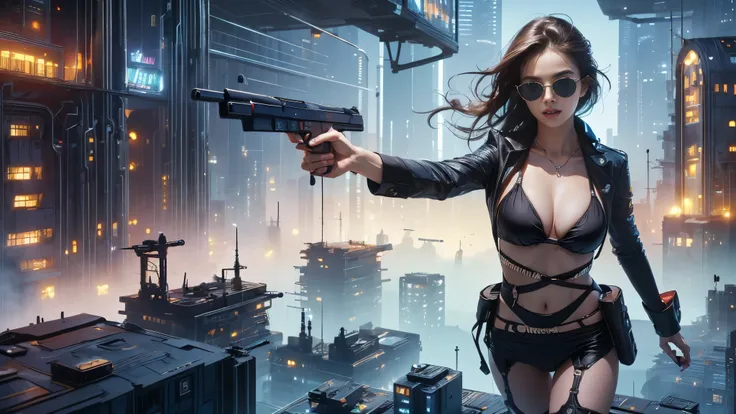 (((a medium-breast bikini slim GIRL with black (micro) sunglasses))), (((((aiming at viewer with a pistol))))), a balcony of a futuristic building, aerial view of an ultra-futuristic megalopolis, many metal buildings and houses in dark colors from dark blu...