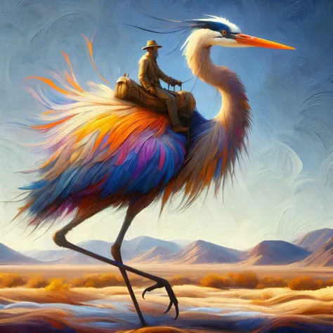 create a main character an large tall two legged bird carrying a man on its back, two leg bird similar to the great blue heron, ...