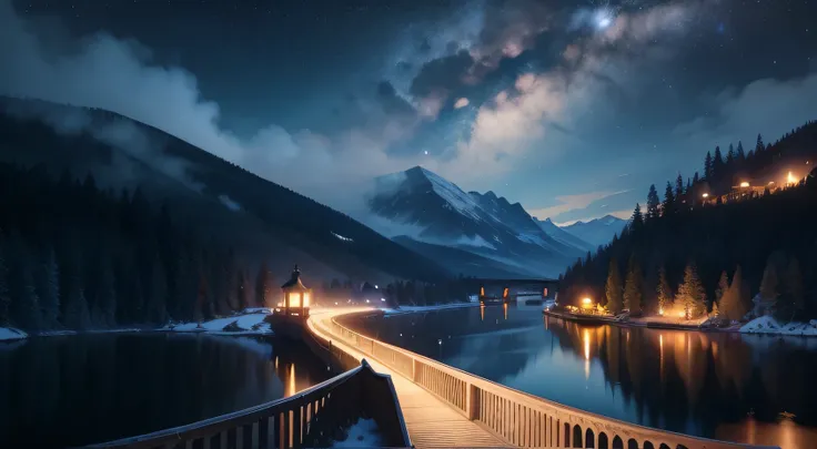 Night view,8K,Highest quality,live-action,"Enchanting landscape under the moonlight on a beautiful bridge."