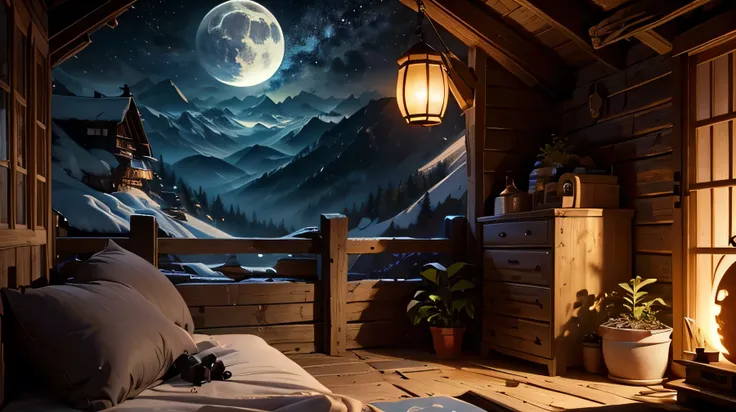 night景,8K,Highest quality,live-action,moon　Mountain　Wooden hut　Lots of plants　night　Mountain賊　Animal skins　room　Shabby　Dilapidated　stuffed toy　Animal bones　Herbs