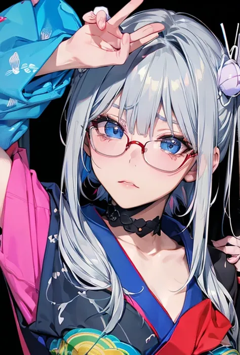 (Super detailed、Ultra-high resolution、Detailed Background)、((Flat Color))、((colorful))、Multicolored lighting、((浮かぶcolorfulな水))、
A woman in a Japanese kimono is tied up、Tied up and wearing a seshter、
(Medium Hair、Silver Hair、hair ornaments、Glasses、choker)、B...