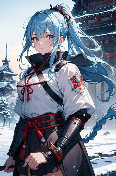 4K,High resolution,One Woman,Light blue hair,Long Ponytail,Braid,Big Breasts,Samurai,氷で出来たSamuraiの鎧,Heavy Armor,Full Armor,Black tights,hair band,Jewelry decoration,Big Japan sword,Japan castle tower,Snowy Sky