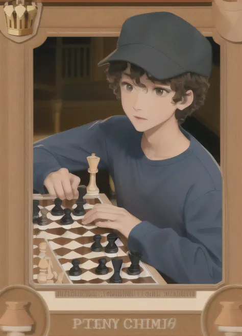 boy, 1.70 m. Physique: thin, tall. Hair: black, curly and medium. Eyes: brown. Brown skin. Playing chess and wearing a cap.