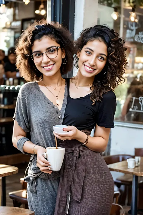 2heads, female couple, age 28, two heads on one body, one torso, hipsters, middle eastern, curly hair, hipster fashion, at a coffee shop, no coffee cup