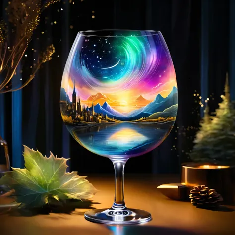 Create a celestial scene within a wine glass, featuring a surreal landscape with mountains and an aurora sky. The background includes a glowing sunset and cityscape. The style should be fantasy with ethereal elements.