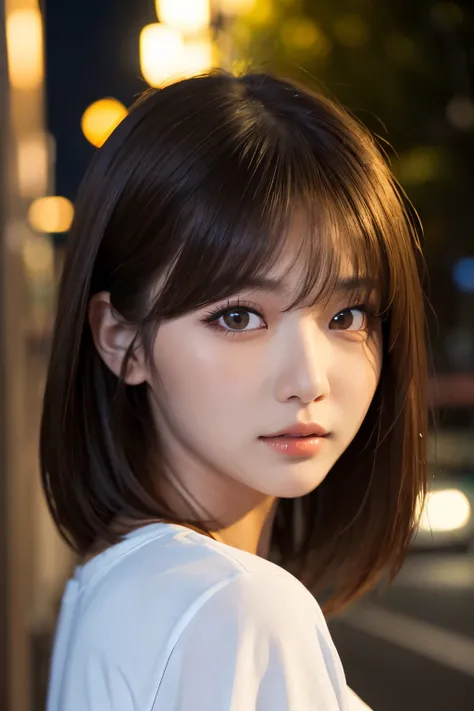 (Best quality, High resolution, Masterpiece :1.3), A pretty woman, Slender figure, Dark brown hair, T-shirt, (Street in city at night), Highly detailed face and skin texture, Detailed eyes, Double eyelid