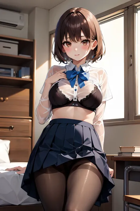 masterpiece, Highest quality, High resolution, One girl, alone, short hair, Brown Hair, Brown eyes, Bedroom、((pantyhose))、(Japanese school uniform)、((See-through bra))