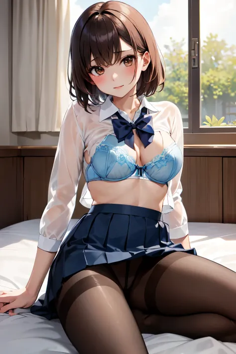 masterpiece, Highest quality, High resolution, One girl, alone, short hair, Brown Hair, Brown eyes, Bedroom、((pantyhose))、(Japanese school uniform)、((See-through bra))