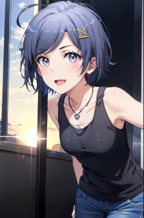 komachihikigaya, komachi hikigaya, short hair, Black Hair, hair ornaments, Ahoge, Hair Clip, x hair ornaments, (Purple eyes:1.1), tooth, happy smile, smile, Open your mouth, black tank top shirt,Locket Necklace,Skinny jeans,Stiletto heels,morning,morning陽,...