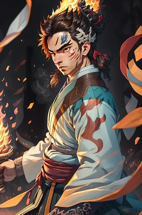 ((best qualityer)), ((work of art)), (detailded), (8k resolution), Kimetsu no Yaiba, adult man, experienced swordsman, Katana rich in details, red traces on the face, Red neon aura, flames in the background, white kimono, Slightly dark hair, groundbreaking...