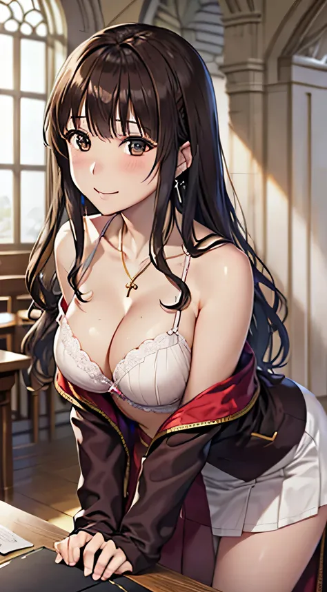 ((Tabletop, Highest quality, High resolution, , Pixel Perfect, 4K,))), 1 female, 、The whole body is visible、 ((Long Wavy Hair, bangs, Brown Hair)), ((Brown eyes, Beautiful eyelashes, Realistic eyes)), ((Detailed face, Blushing:1.2)), ((Smooth texture:0.75,...