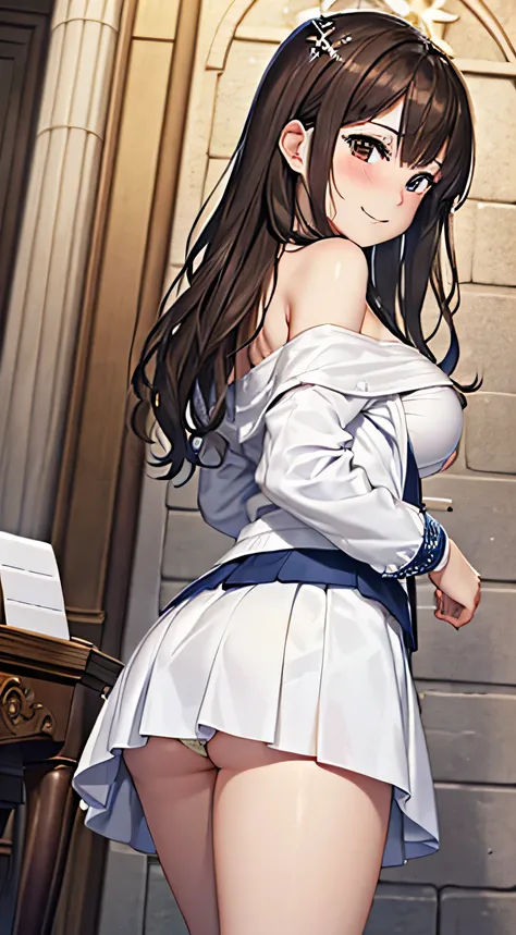 ((Tabletop, Highest quality, High resolution, , Pixel Perfect, 4K,))), 1 female, 、The whole body is visible、 ((Long Wavy Hair, bangs, Brown Hair)), ((Brown eyes, Beautiful eyelashes, Realistic eyes)), ((Detailed face, Blushing:1.2)), ((Smooth texture:0.75,...