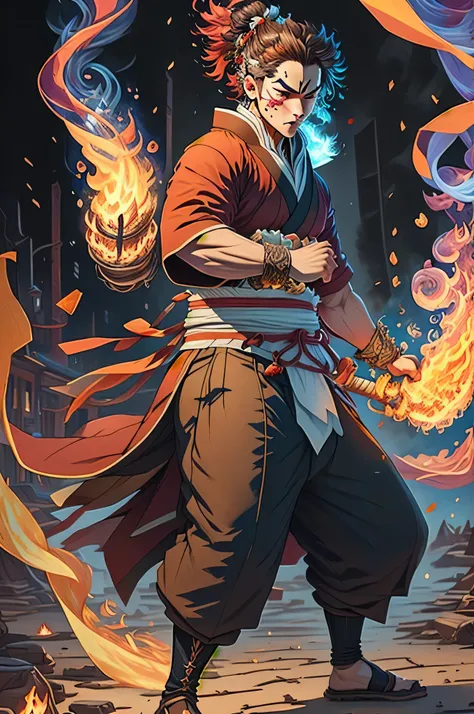 ((best qualityer)), ((work of art)), (detailded), (8k resolution), Kimetsu no Yaiba, adult man, experienced swordsman, Katana rich in details, red traces on the face, Red neon aura, flames in the background, white kimono, Slightly dark hair, groundbreaking...