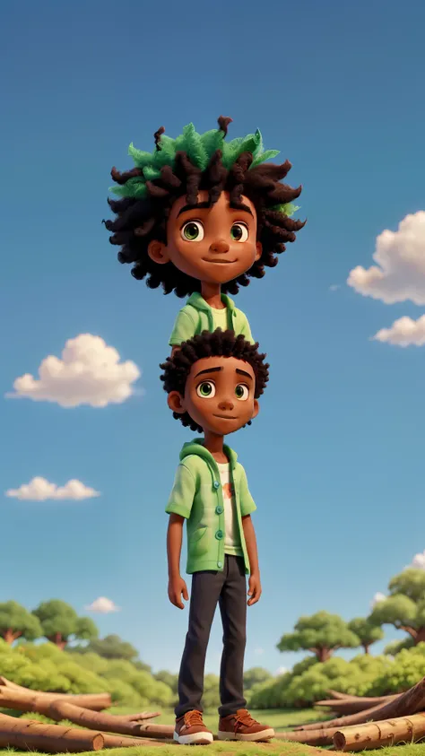 A boy with black skin, with a cloud of afro-textured hair and bright green eyes, is standing alone inside a log, framed by the morning light that passes through the tree trunk, against a clear blue sky. About the boy&#39;s face, a smug smile, which seems t...